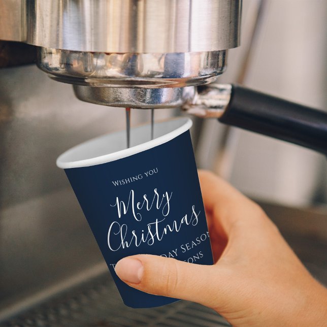 Gobelets En Papier Joyeux Noël mignonne Calligraphie Simple Marine Bl (Merry Christmas white calligraphy script simple navy blue paper cup. )