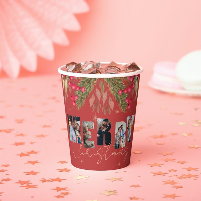 Gobelets En Papier Joyeux Noël Multi Photo Red Gold Fête (Insitu)