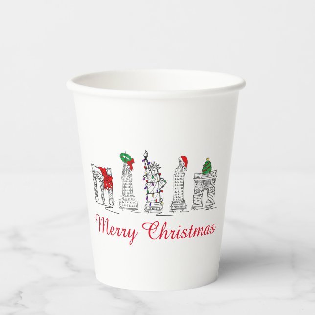 Gobelets En Papier Joyeux Noël NYC Bâtiments Points de repère Fête (Recto)