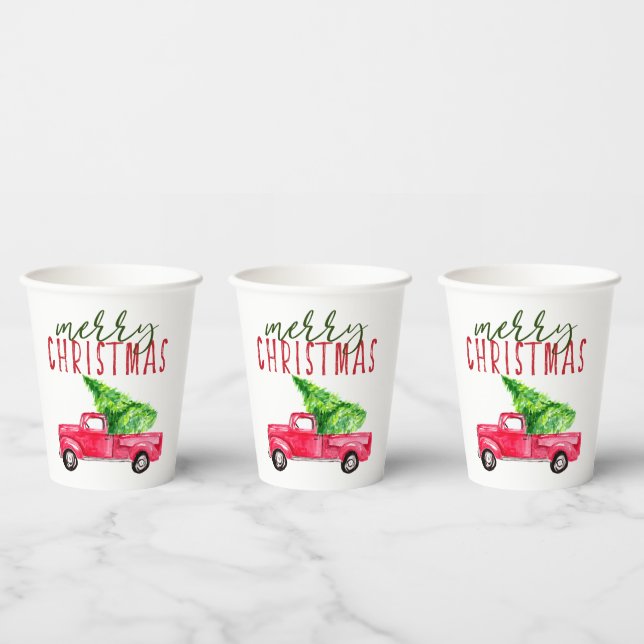 Gobelets En Papier Joyeux Noël Rouge Camion Typographie Arbre Festif (Multi)