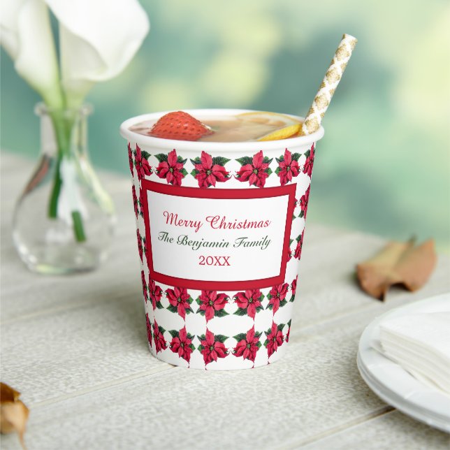 Gobelets En Papier Joyeux Noël Rouge Poinsettias Personnaliser (Insitu)