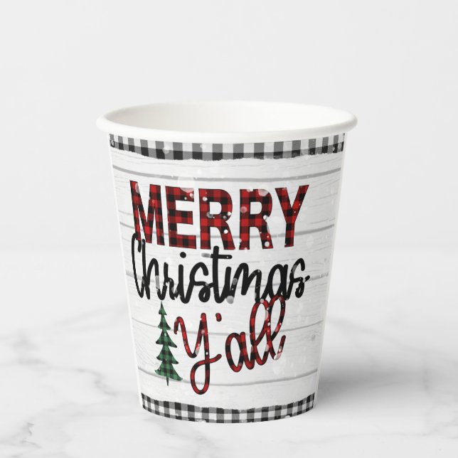 Gobelets En Papier Joyeux Noël Y'all Rustic Plaid Trees Vacances (Recto)