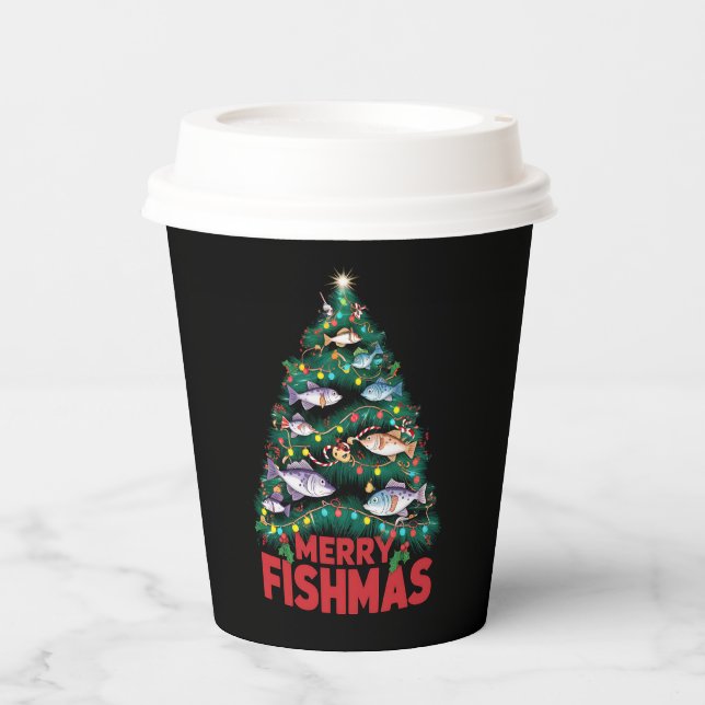 Gobelets En Papier Joyeux Poissons de Noël Lumières Poissons Pêche (Recto)