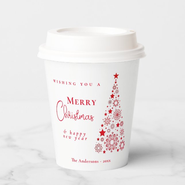 Gobelets En Papier Joyeux sapin de Noël Rouge Festif (Recto)