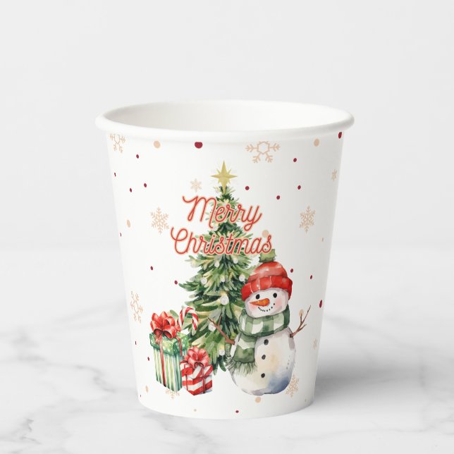 Gobelets En Papier Joyeux sapin de Noël Snowman et présents (Recto)