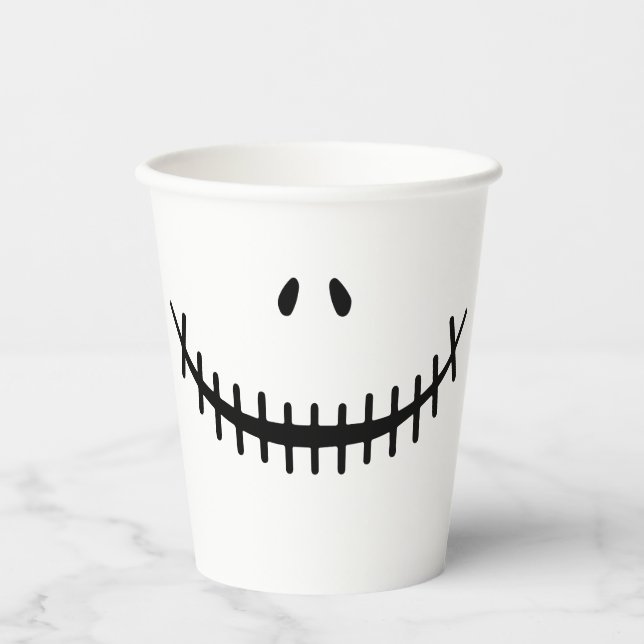 Gobelets En Papier Joyeux Squelette sourire noir et blanc Halloween (Recto)