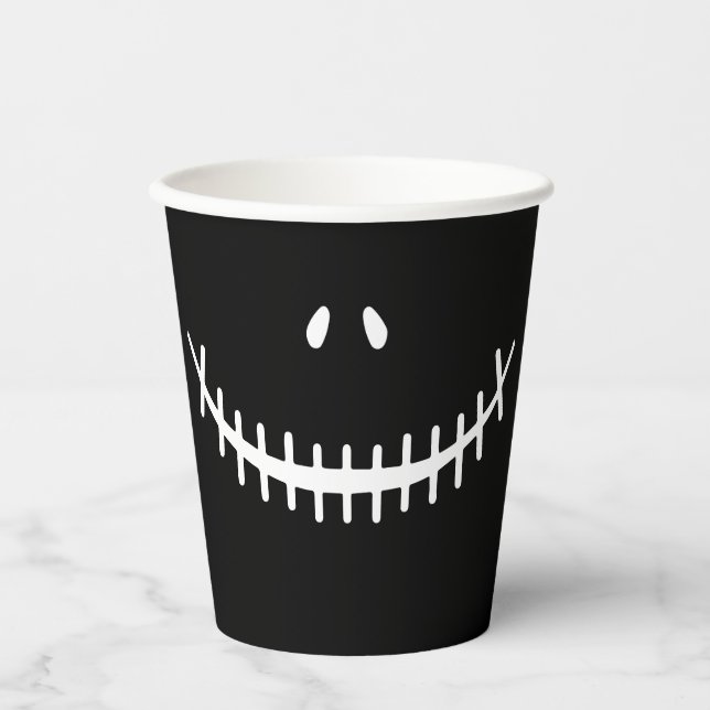 Gobelets En Papier Joyeux squelette sourire noir et blanc Halloween P (Recto)