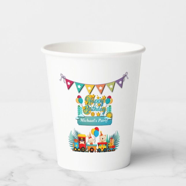 Gobelets En Papier Joyeux Train D'Anniversaire Avec De Beaux Souhaits (Verso)
