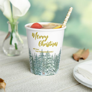 Gobelets En Papier Joyeux xmas forêt moderne Gold script Holiday