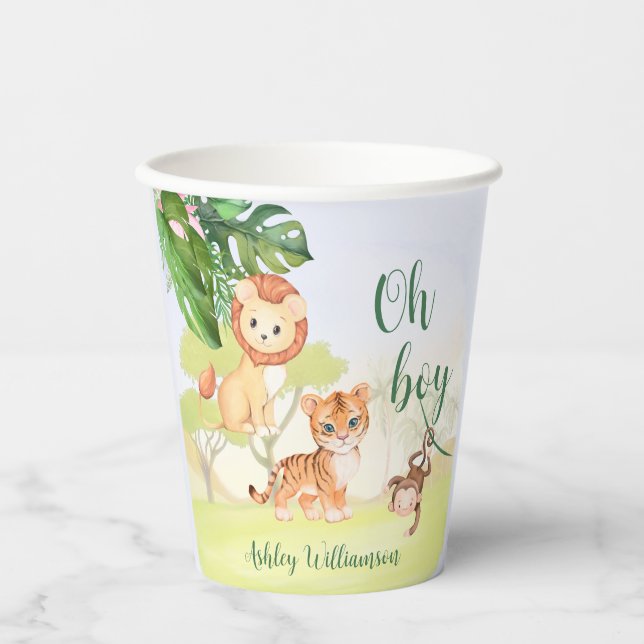 Gobelets En Papier Jungle Safari Animaux Oh Baby shower Garçon (Recto)