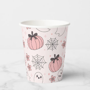 Gobelets En Papier Kawaii Halloween rose Fantômes et Citrouilles