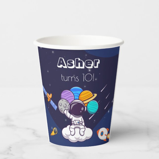 Gobelets En Papier Kawaii navy blue space astronaut theme party  (Recto)
