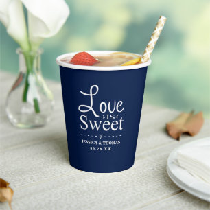 Gobelets En Papier L'amour est doux ! Mariage bleu marine et blanc