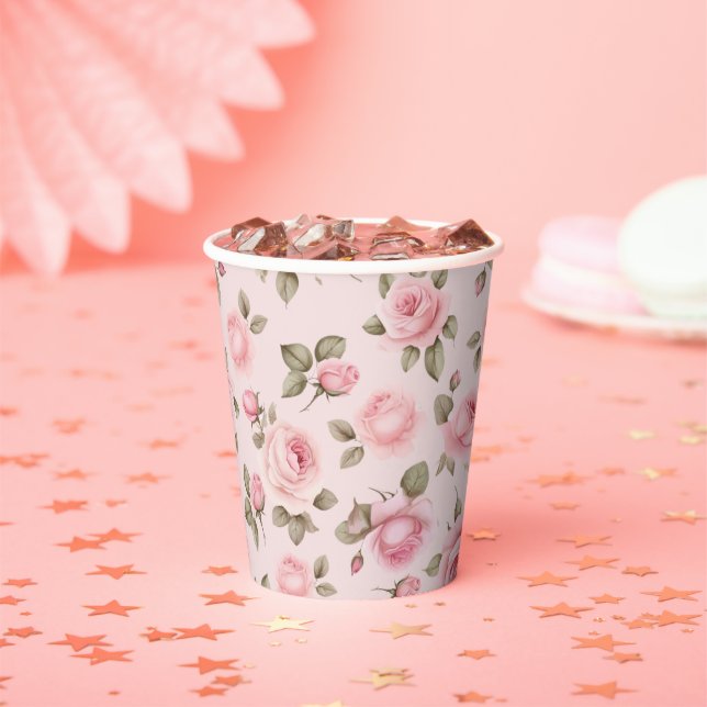 Gobelets En Papier Lancement de mariage floral rose rose (Insitu)