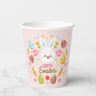 Gobelets En Papier Lapin de Pâques rose heureux floral