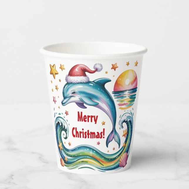 Gobelets En Papier Le dauphin de Noël au paradis tropical (Recto)