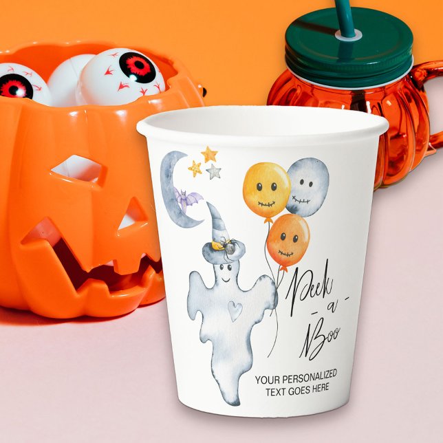 Gobelets En Papier Le fantôme mignon d'Halloween et les ballons regar (Cute Peek-a-Boo Halloween Party paper cups)