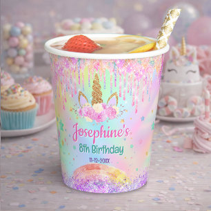 Gobelets En Papier Licorne arc-en-ciel rose aqua anniversaire
