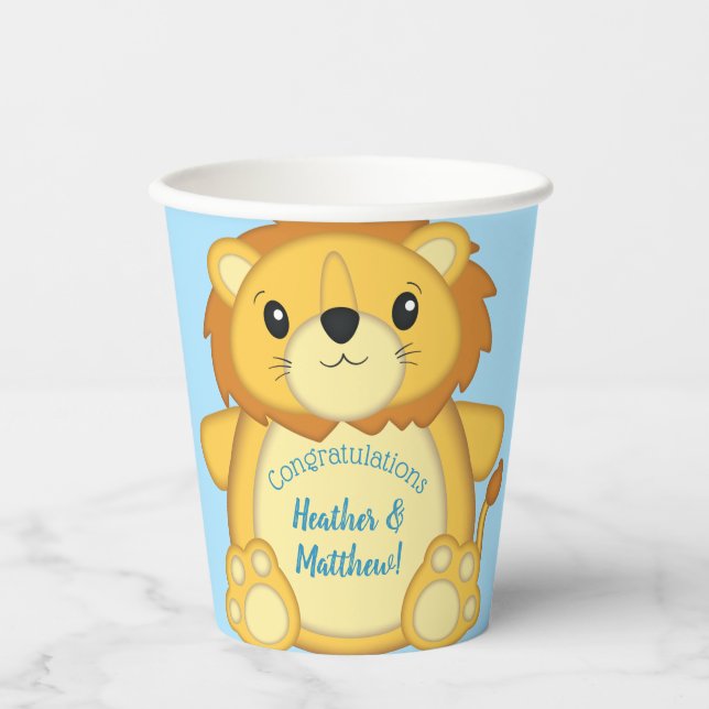 Gobelets En Papier Lion Baby shower bleu (Recto)