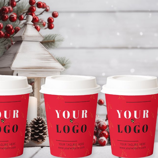 Gobelets En Papier Logo d'entreprise de Noël Red Holly Patterned (Logo branded Christmas takeout coffee cups)