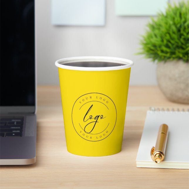 Gobelets En Papier Logo d'entreprise | Gold & Navy Blue Minimal Perso (Insitu)