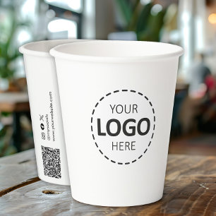 Gobelets En Papier Logo, QR Code Social Media Coupes de papier blanc 
