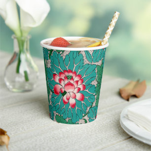 Gobelets En Papier Lotus Chinois Rouge Rose Vert Turquoise Motif