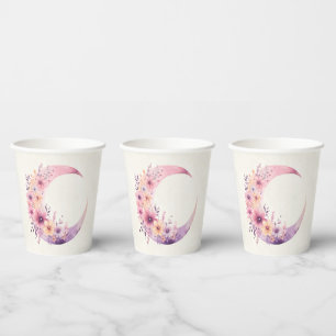 Gobelets En Papier Lune rose Croissant avec de jolies fleurs