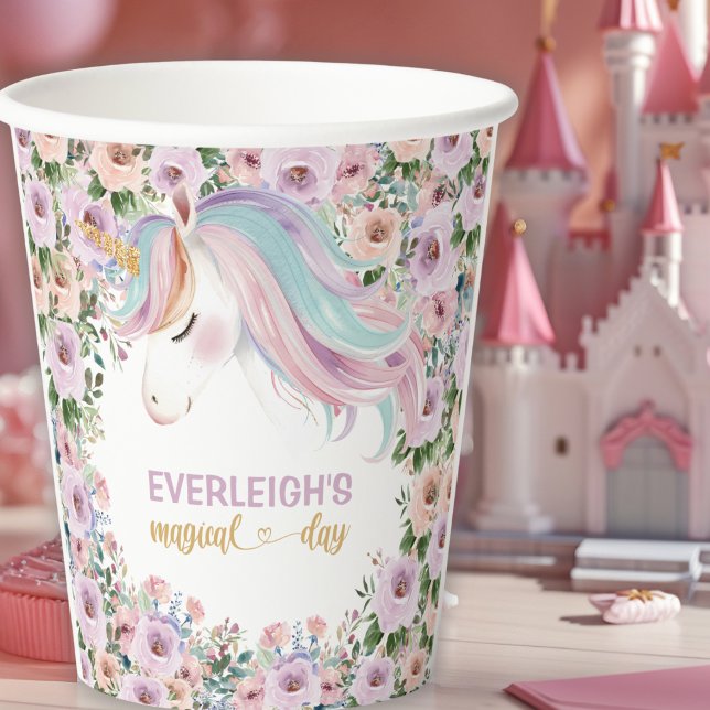 Gobelets En Papier Magical Unicorn Purple Flower birthday (Créateur téléchargé)