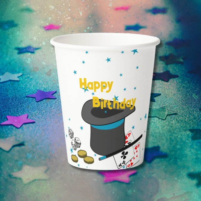 Gobelets En Papier Magie Show Black Blanc Bleu Fête d'anniversaire (Magic Show Black White Blue Birthday Party Paper Cups, Happy Birthday, Custom Text, Color)