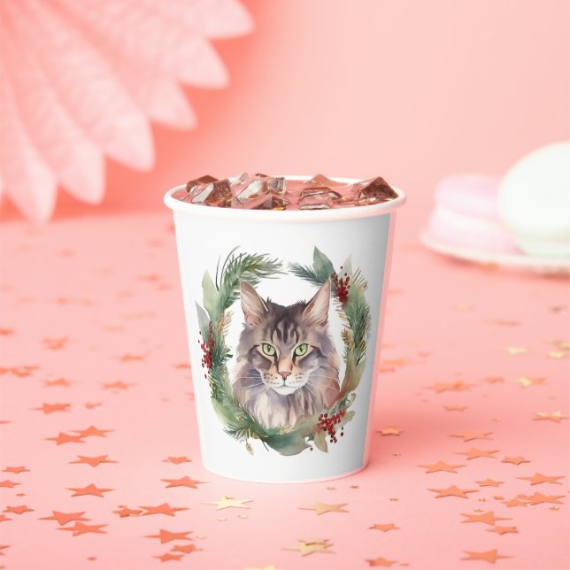 Gobelets En Papier Maine Coon Chat Noël Wreath Festive Kitten (Insitu)