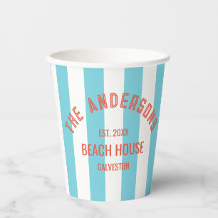 Gobelets En Papier Maison de plage Nom de famille Blue Cabana Stripe