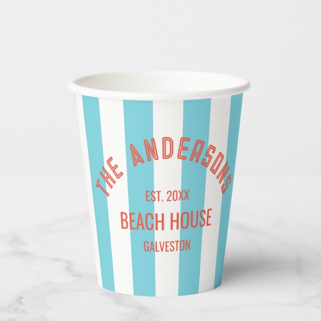 Gobelets En Papier Maison de plage Nom de famille Blue Cabana Stripe  (Recto)