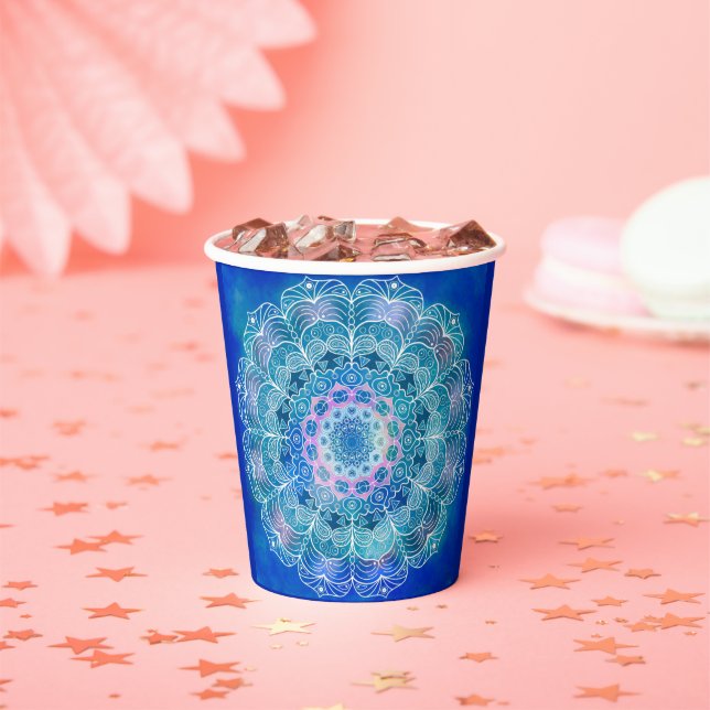 Gobelets En Papier Mandala White Outline bleu Aquarelle - (Insitu)