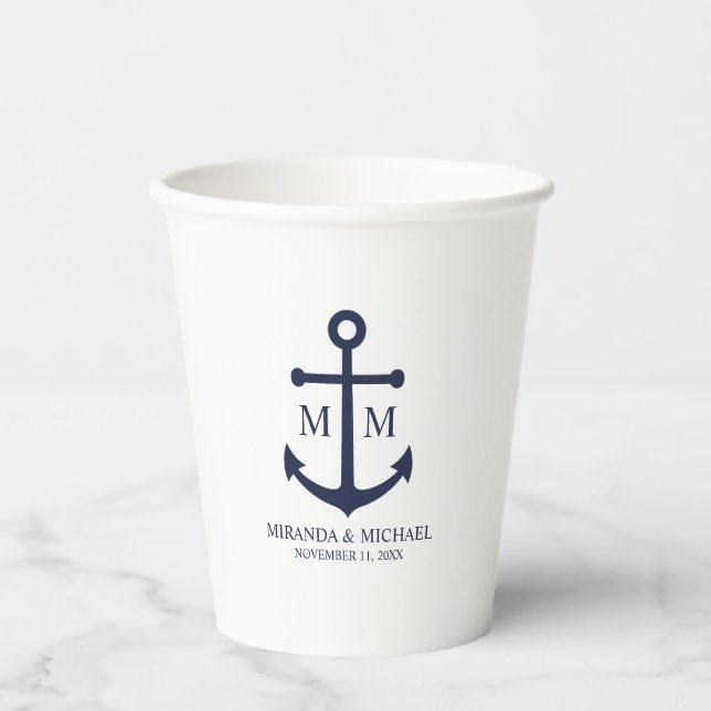 Gobelets En Papier Mariage Ancre bleu marine (Recto)