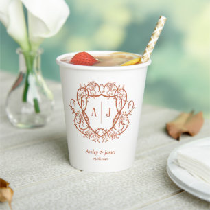 Gobelets En Papier Mariage Armoiries Monogramme en Terracotta Rose Dé