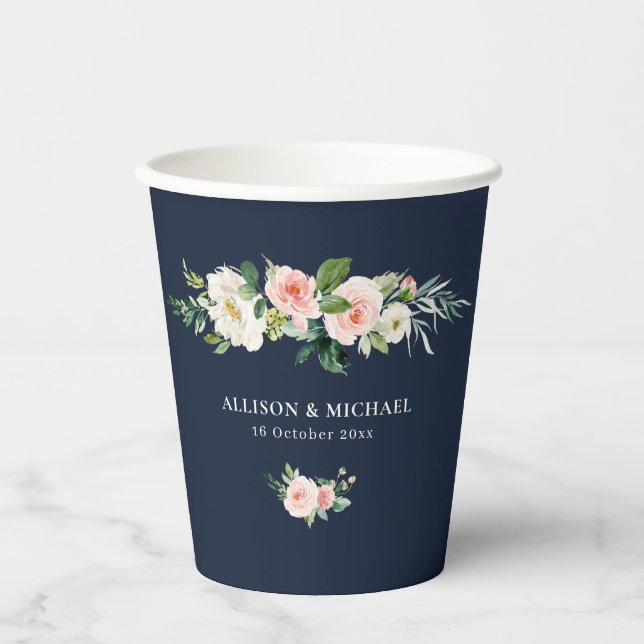 Gobelets En Papier mariage bleu marine floral (Recto)