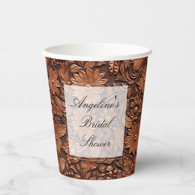 Gobelets En Papier Mariage Bohème Marron Fausse Peau Fleurie (Recto)