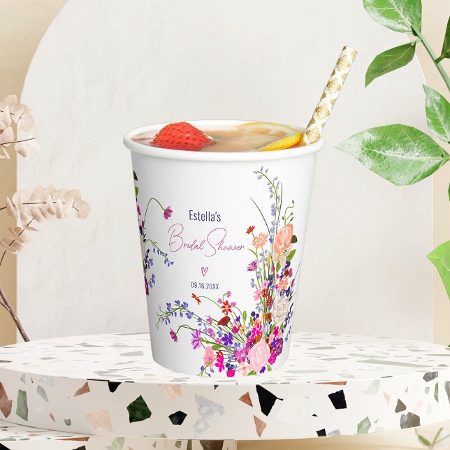 Gobelets En Papier Mariage champêtre chic moderne avec fleurs sauvage (Modern chic wild flowers script bridal shower paper cups)