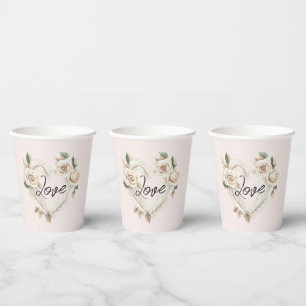 Gobelets En Papier Mariage Coeur Plumes Roses Rouge romantique