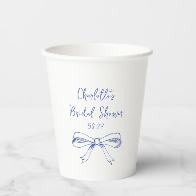 Gobelets En Papier Mariage Coquette Nœud Script Manuscrit Lavis Bleu (Recto)