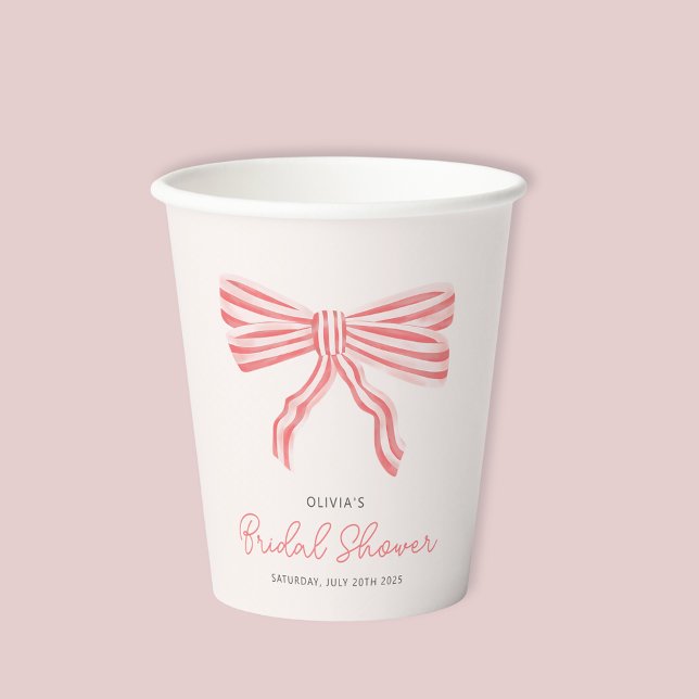 Gobelets En Papier Mariage Coquette Ruban Rose Tendre (Coquette Bow Bridal Shower Blush Pink paper cup.  Matching invitations available for bride to be. )
