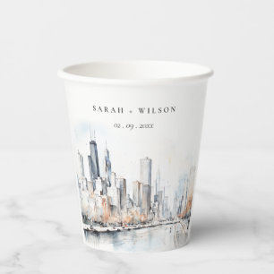 Gobelets En Papier Mariage d'aquarelle de Chicago, Illinois City Scap