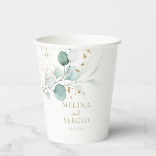Gobelets En Papier Mariage de calligraphie Gold Green Eucalyptus