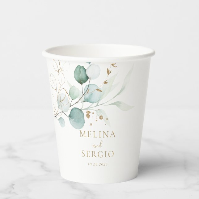 Gobelets En Papier Mariage de calligraphie Gold Green Eucalyptus (Recto)
