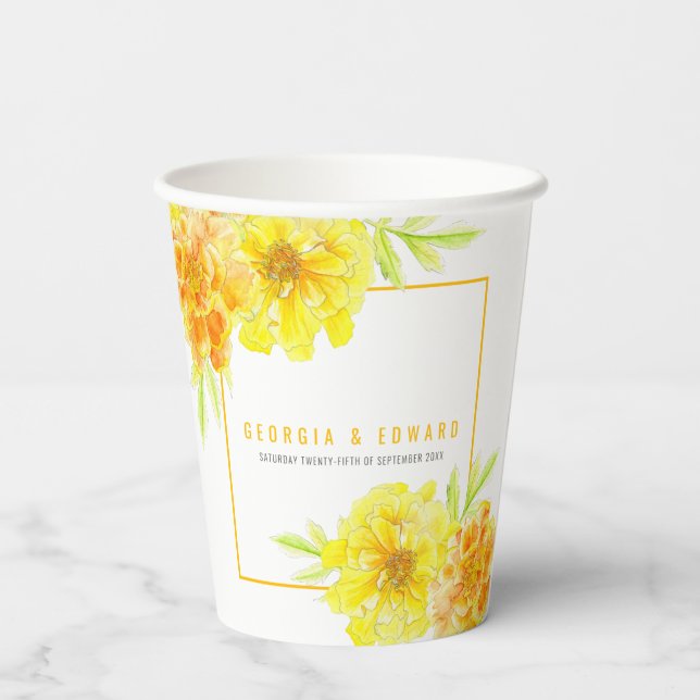 Gobelets En Papier Mariage de fleurs d'aquarelle jaune marigold (Verso)