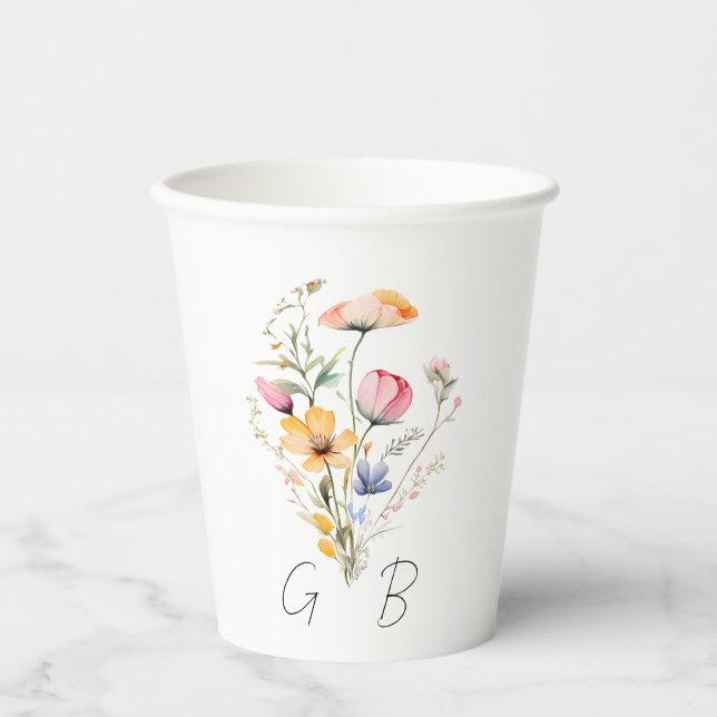 Gobelets En Papier Mariage de monogramme du Fleur sauvage de prairie  (Recto)