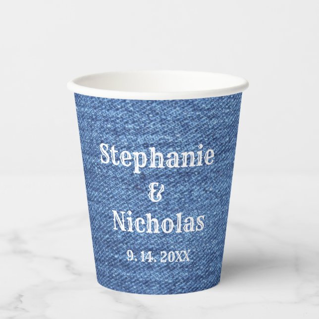 Gobelets En Papier Mariage de thème bleu blanc Denim (Recto)