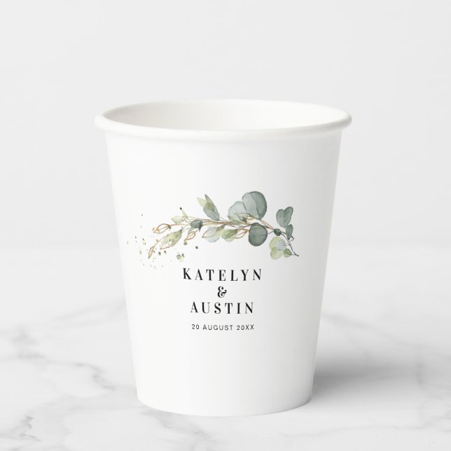 Gobelets En Papier Mariage d'eucalyptus aquarelle (Recto)