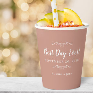 Gobelets En Papier Mariage Élégant Meilleur Jour Date Rose Fardée Ros